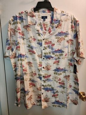 George White Tropical Print Short-Sleeve Button-Down Shirt